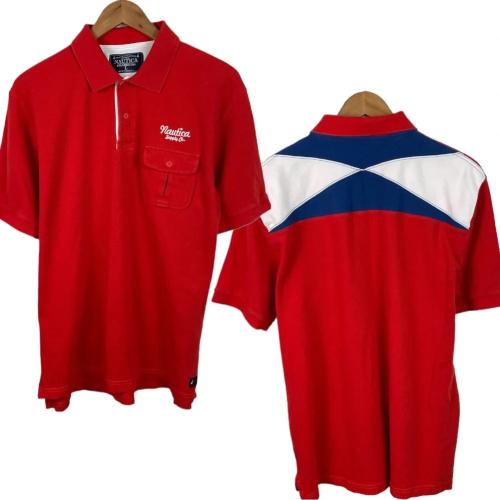 PO259 Mens Nautica supply Company Rugby Style Pocket Polo Shirt L